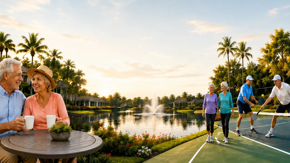 Residents enjoying coffee, walking and pickleball beside the Reflections community lake.